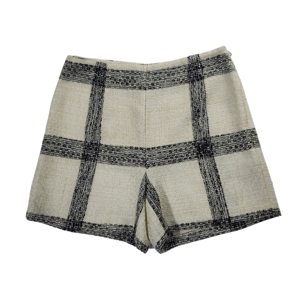 Zara Cream and Black High Waist Plaid Shorts